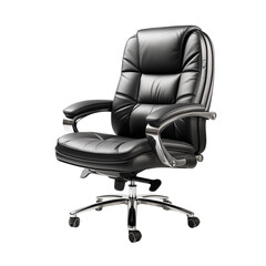 Leather office chair black comfortable on wheels furniture interior design element object isolated on transparent background