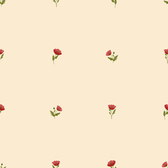 Wzór bezszwowy w czerwone maki. Dekoracyjne tło w delikatne kwiaty. © Monika