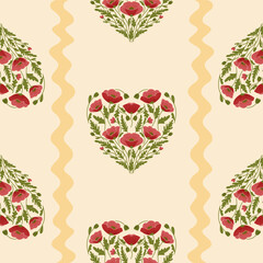 Wzór bezszwowy w czerwone maki. Dekoracyjne tło w delikatne kwiaty. © Monika