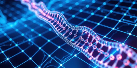  DNA strands entwined within a digital matrix, with vibrant blue lines representing data flow and genetic analysis in a virtual