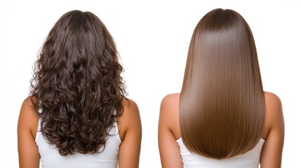 Dark brown long curly hair transformed into sleek, shiny straight hair showcasing an impressive before and after effect