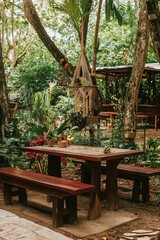 Naklejka premium Tranquil Garden Table Setting: A Serene Escape in Lush Greenery