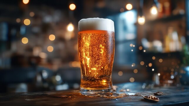 A glass of beer sitting on a bar. - Powered by Adobe