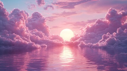 A beautiful pink and purple sky with a large sun in the middle