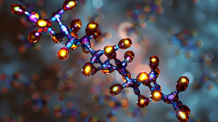 Molecular Structure in Blue and Orange Hues Representing Scientific Concepts and Biological Models with Glowing Nodes and Complex Connections