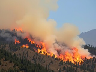  A Forest Fire in a Pine Forest Spreads Up the Hillside, Smoke and Flames Rising High