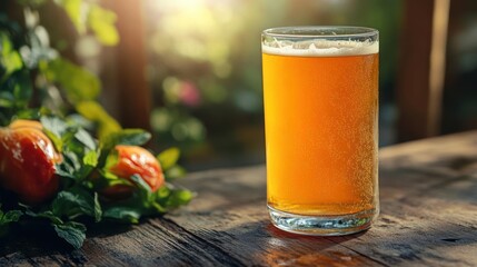 A glass of beer on a wooden table.