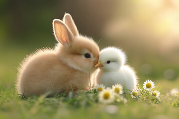 cute baby bunny and chick in the grass, kissing each other, easter-themed with daisies and wildflowers