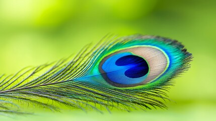 Obraz premium Iridescent Peacock Feather Close up on Lime Green Background