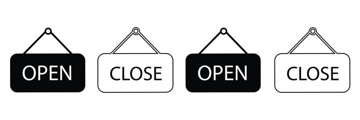 open and close icon set. open and close hanger board icons on transparent background. open close sign on wooden board. open and close board symbol hanging in shop, restaurant, vector illustration .