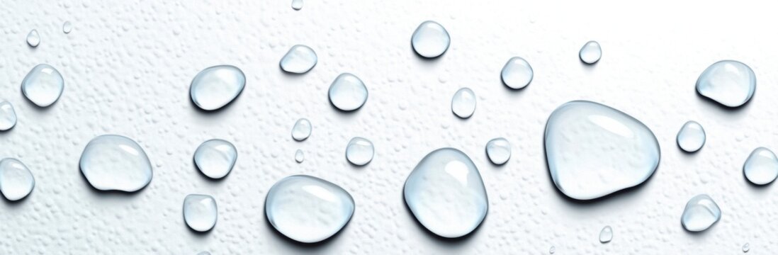 Translucent Water Droplets on Light Gray Surface