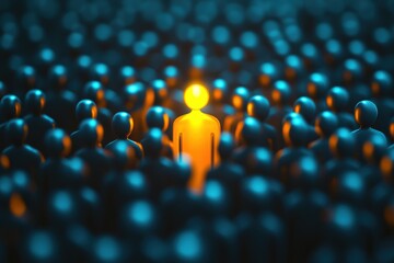 Obraz premium Standing out in a crowd of dark figures, a glowing silhouette symbolizes individuality and uniqueness in a sea of anonymity