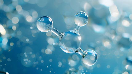 Transparent Molecular Model on a Soft Blue Bokeh Background Scientific and Medical Visualization with Clear Bubbles