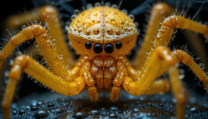 Fototapeta premium Close-Up of Yellow-Orange Spider Covered in Water Droplets