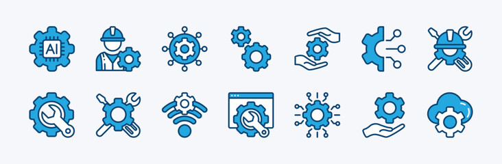 Set of engineering technology icon vector. Containing engineer, machinery, circuit, chips, manufacturing, mechanical, technician, worker, industrial, engine, maintenance, setting, process, cogwheel