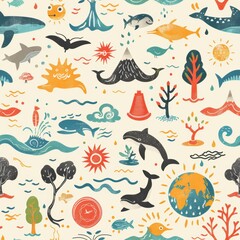 Fototapeta premium Colorful and detailed drawing of various sea creatures and landscapes