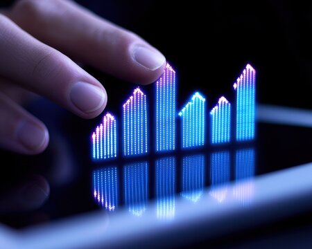 Touching glowing digital bar graph on tablet screen, symbolizing data analysis and growth.