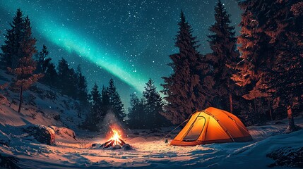 Vibrant Winter Camping Scene Under Starry Night with Aurora