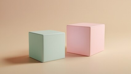 Obraz premium Minimalist mockup of pastel cubes on a wooden surface for modern design projects.