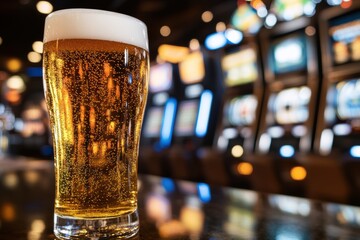 Enjoying a refreshing cold beer in a vibrant casino atmosphere at night near the slot machines
