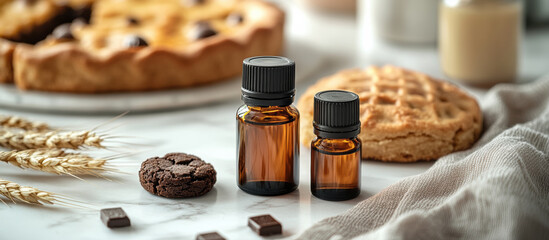 Captivating display of essential oils alongside freshly baked cookies and dessert, showcasing a cozy kitchen atmosphere during afternoon tea preparation