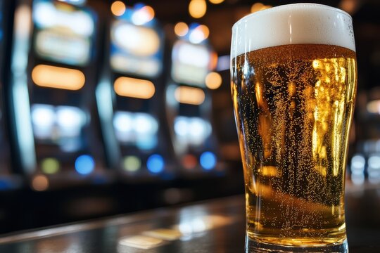 Brewed beverage served in a glass beside illuminated slot machines in a lively gaming venue