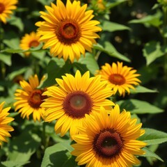 Fototapeta premium Bright Yellow Sunflowers Blooming in a Garden with Lush Green Foliage Surrounding Them