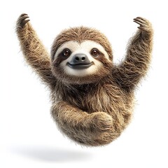 Fototapeta premium A cheerful sloth hangs with its arms up. Adorable wildlife photo. Adorable Sloth Hanging on, Cheerful Wildlife Photography. Animal isolated on white background