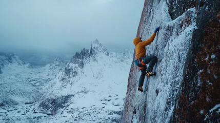 Climber ascending icy mountain face winter adventure extreme sport snowy peaks ice rock cold risk
