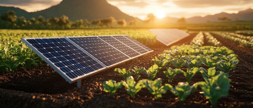 Agricultural field showcasing a solar panel as part of the agrivoltaics system for efficient energy production