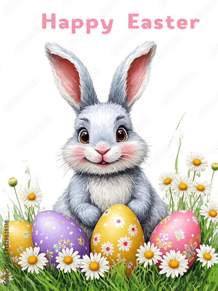 Aufkleber a charming easter bunny holds a decorated egg amidst a colorful array of eggs and daisies