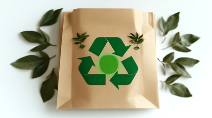 Recycled Paper Bag With Green Recycle Symbol And Leaves