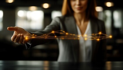 Woman holding digital graph in office, data representation