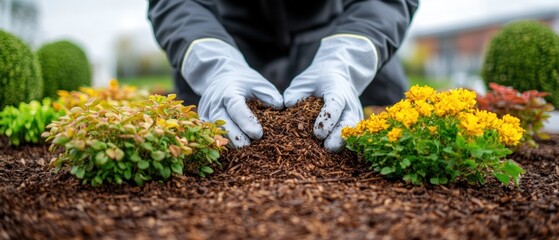 Dedicated gardener planting colorful flowers while applying mulch in a beautifully designed flower bed in full bloom