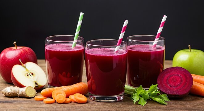 Beet juice in different variations: with apple, ginger, carrot, celery.