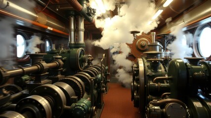  An engine room aboard a large ship with complex mechanical components in motion, steam and gears working together in a powerful