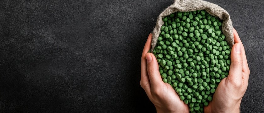 Person holding a bag of fresh green peas with bioplastic granules in hand on a bright and natural background
