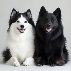 Two fluffy dogs, one black, one black and white, sitting side by side.