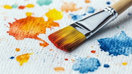 Fototapeta premium A paintbrush on textured paper with vibrant watercolor splashes in various colors.
