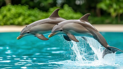 Obraz premium Two Dolphins Leap from Turquoise Water, Green Foliage Backdrop