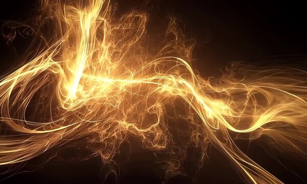 Golden energy streaks undulate against the dark background. Warm, glowing, ethereal waves intertwine