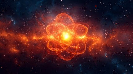 Geometric and mathematical symmetric and spherical atomic cloud with a red glow from.