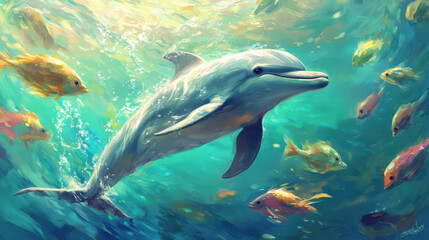 Fototapeta premium A playful dolphin with a sleek, shimmering body, leaping through the water with a joyful expression