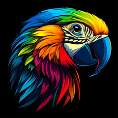 Obraz premium Vibrant digital illustration of a macaw head with bold colors and stylized features against a black background.
