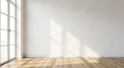 Obraz premium Elegant Minimalist Interior With White Walls Wooden Floor And Window Modern Zen Space Contemporary Art Piece Empty Room Black Accent Design.