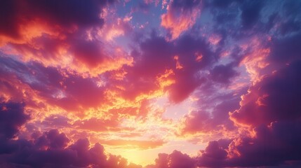 Fototapeta premium Vibrant sunset cloudscape, fiery colors, evening sky, nature background, ideal for design