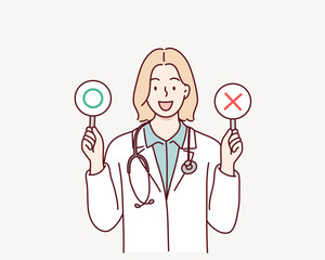 Female doctor with a right and wrong sign. Hand drawn style vector design illustrations.