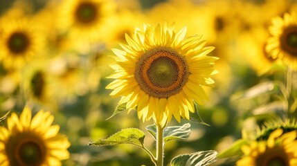 Fototapeta premium beautiful sunflower in a field of sunflowers with a ray of sunshine in the background