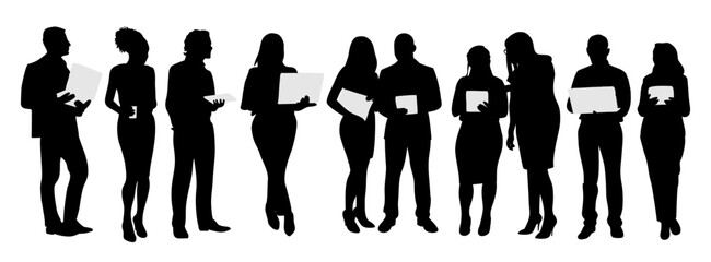 Silhouettes of Business people working at laptop. Different men, women wearing smart casual, formal office outfits standing, looking at computer. Vector black illustration isolated
