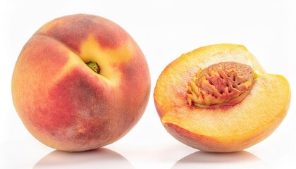 Fresh peach and slice showing juicy flesh and seed inside.